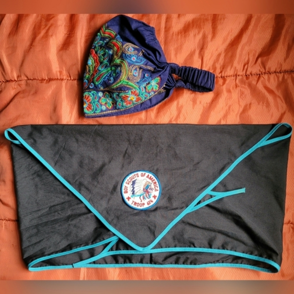 Flower Embroidered Cotton &Vtg Boy Scouts Neckerchief/Long Bandana for Women.